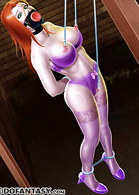 Choking on the cum-filled wiffleball tied in her mouth with a thick muffler pic 1